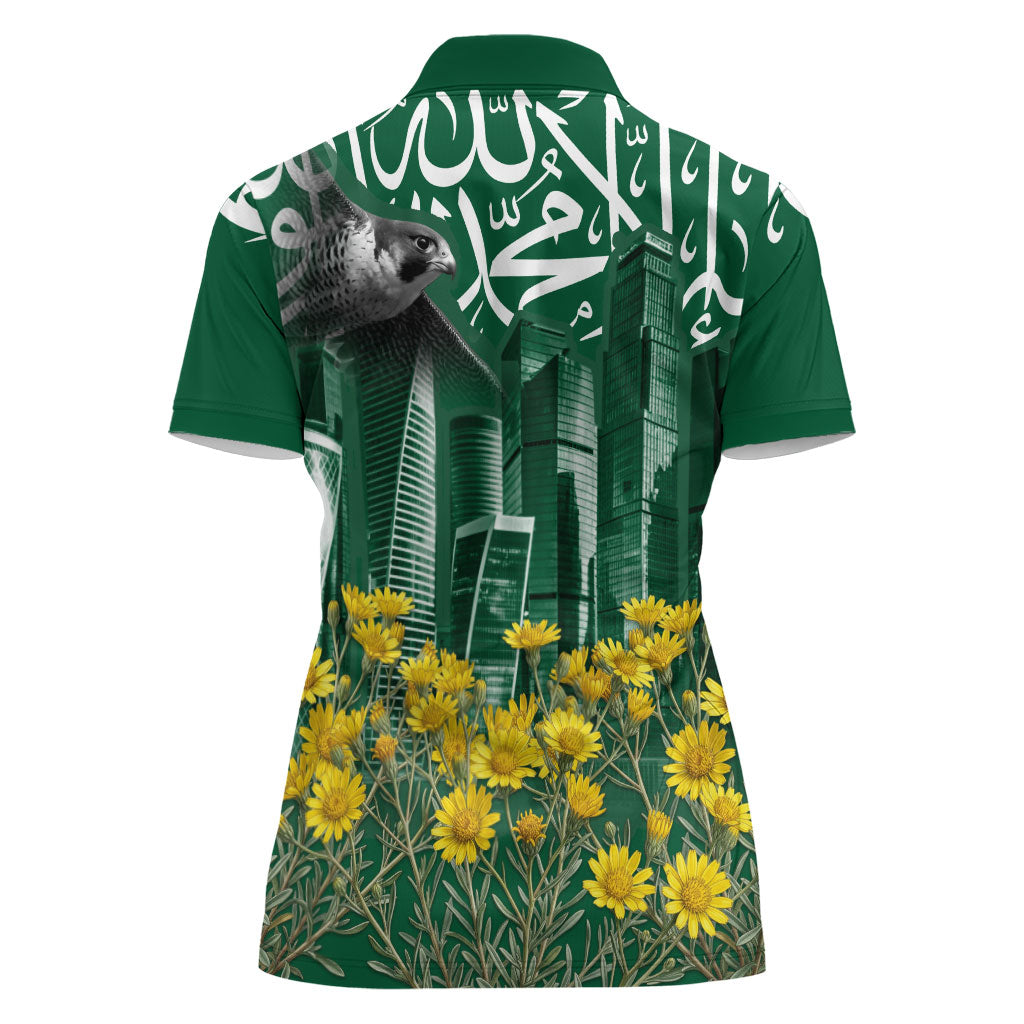 Saudi Arabia National Day Women Polo Shirt Falcon Skyline Arabic Calligraphy Cultural Pride