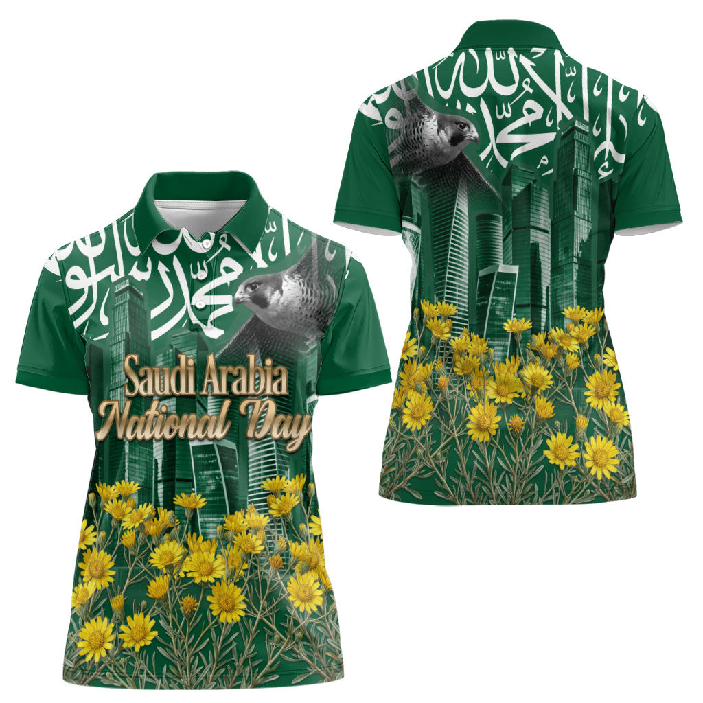 Saudi Arabia National Day Women Polo Shirt Falcon Skyline Arabic Calligraphy Cultural Pride
