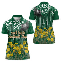 Saudi Arabia National Day Women Polo Shirt Falcon Skyline Arabic Calligraphy Cultural Pride