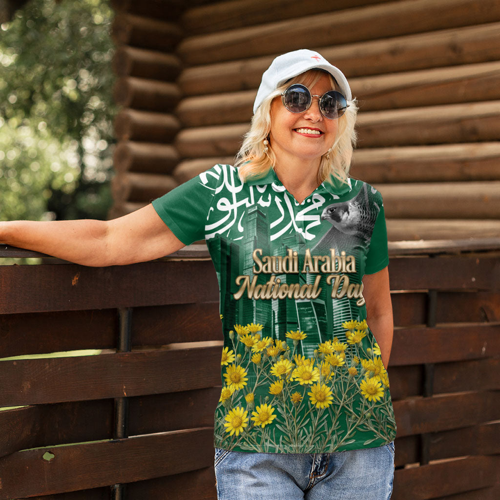 Saudi Arabia National Day Women Polo Shirt Falcon Skyline Arabic Calligraphy Cultural Pride