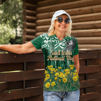 Saudi Arabia National Day Women Polo Shirt Falcon Skyline Arabic Calligraphy Cultural Pride