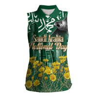 Saudi Arabia National Day Women Sleeveless Polo Shirt Falcon Skyline Arabic Calligraphy Cultural Pride