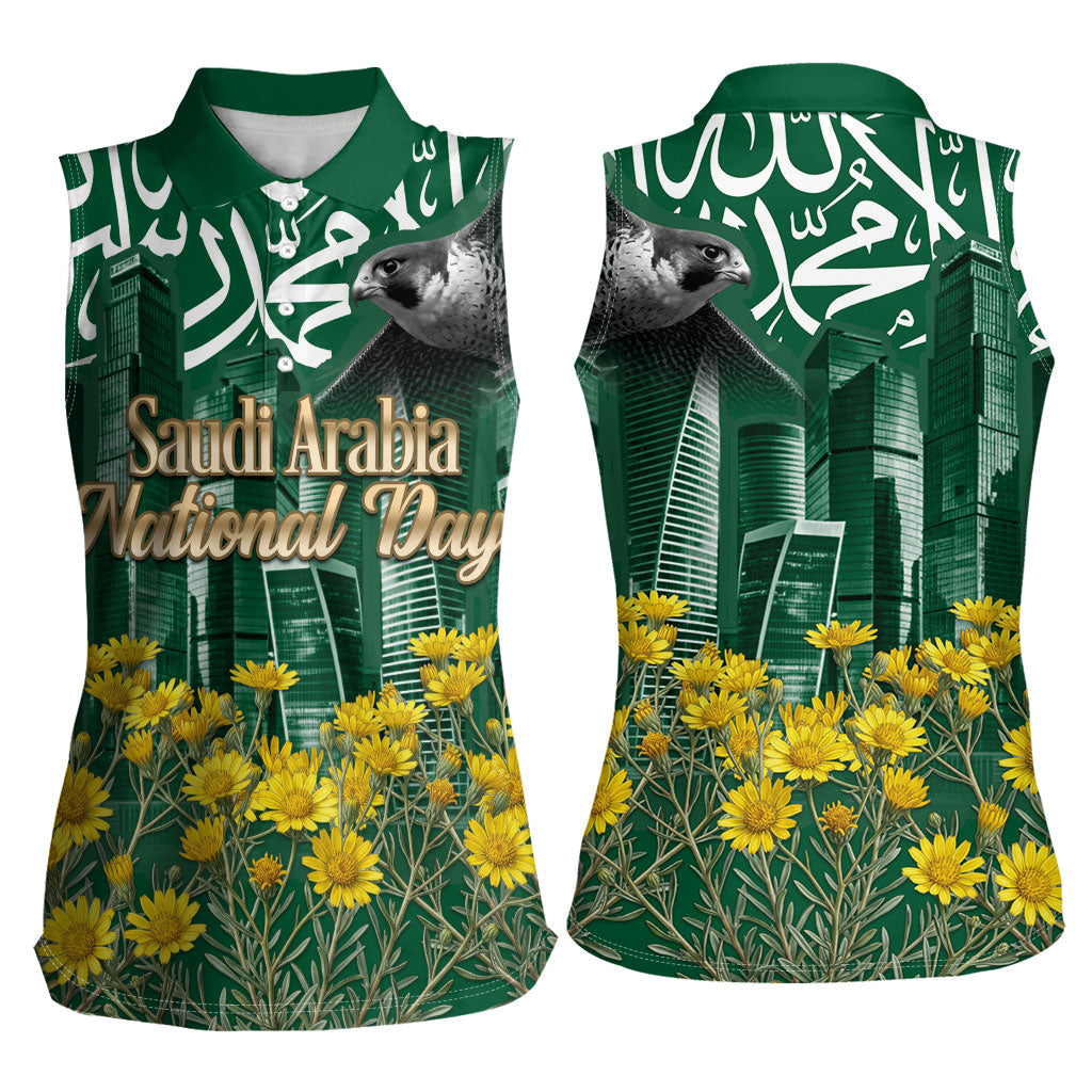 Saudi Arabia National Day Women Sleeveless Polo Shirt Falcon Skyline Arabic Calligraphy Cultural Pride