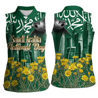 Saudi Arabia National Day Women Sleeveless Polo Shirt Falcon Skyline Arabic Calligraphy Cultural Pride