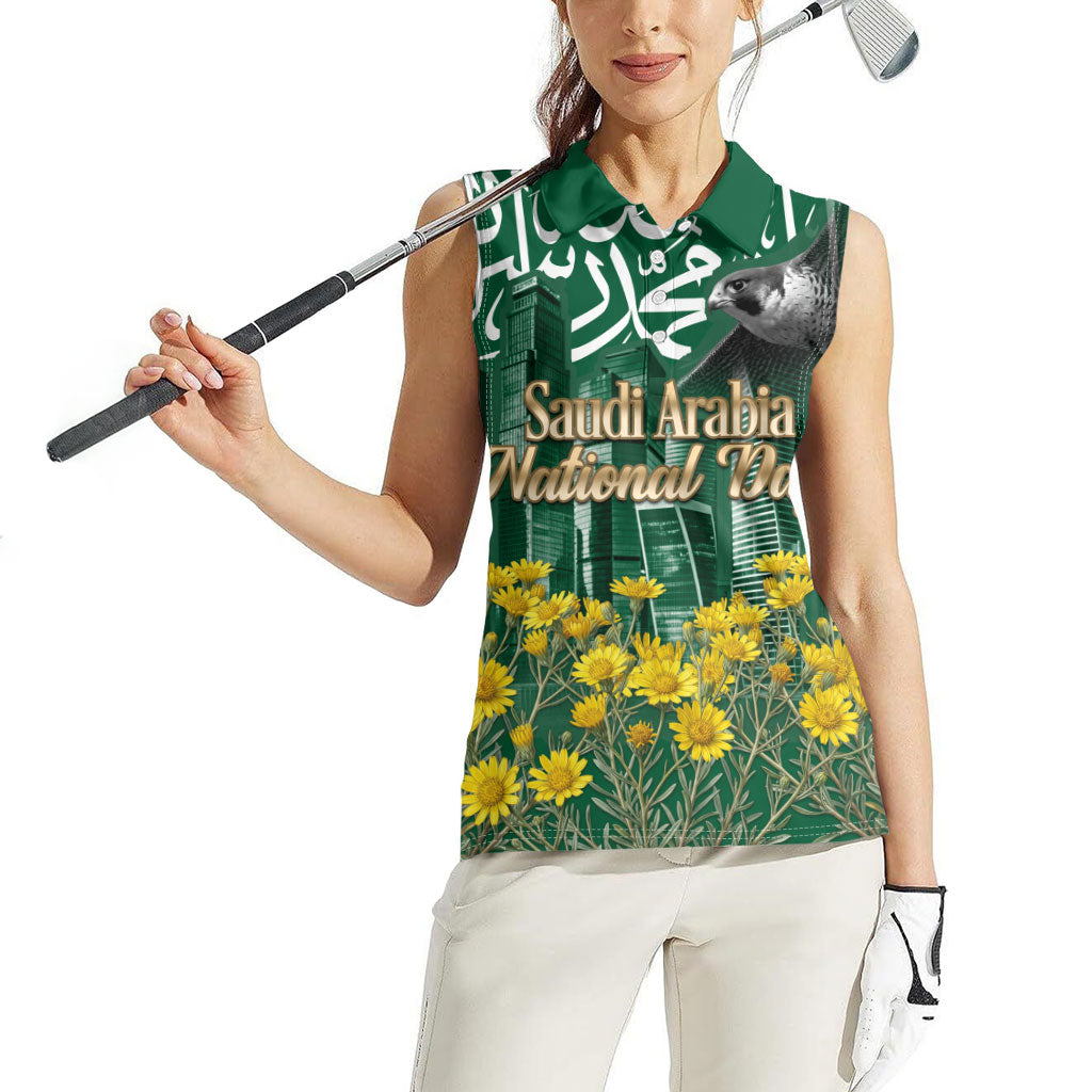 Saudi Arabia National Day Women Sleeveless Polo Shirt Falcon Skyline Arabic Calligraphy Cultural Pride