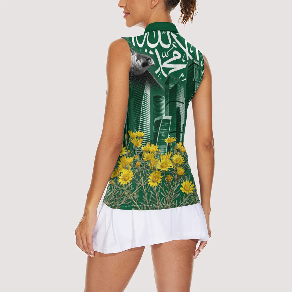 Saudi Arabia National Day Women Sleeveless Polo Shirt Falcon Skyline Arabic Calligraphy Cultural Pride