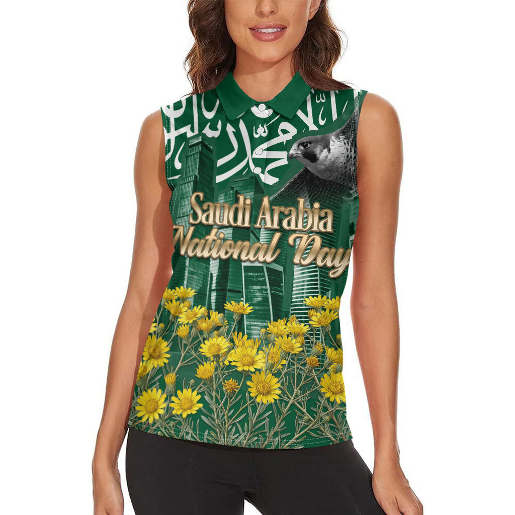 Saudi Arabia National Day Women Sleeveless Polo Shirt Falcon Skyline Arabic Calligraphy Cultural Pride