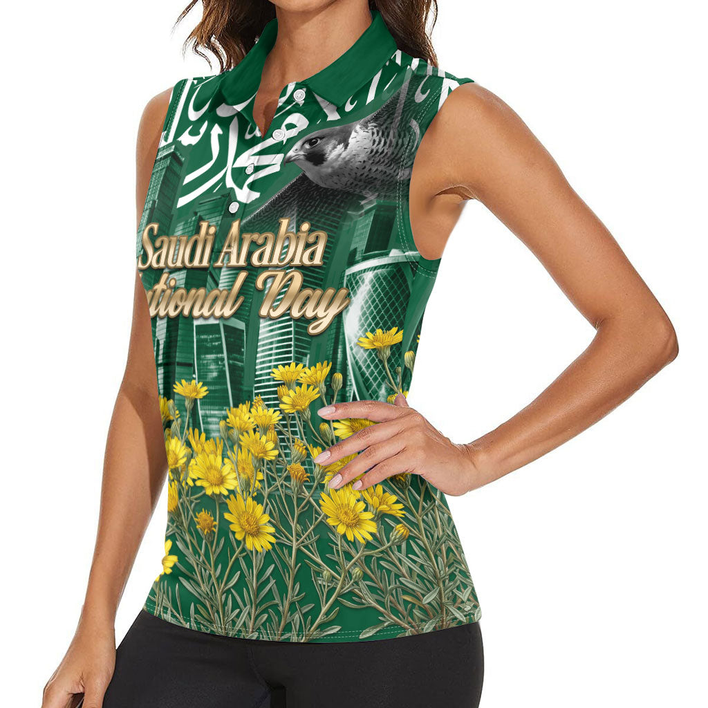 Saudi Arabia National Day Women Sleeveless Polo Shirt Falcon Skyline Arabic Calligraphy Cultural Pride