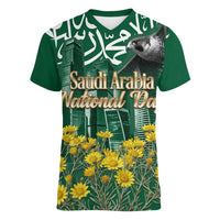 Saudi Arabia National Day Women V-Neck T-Shirt Falcon Skyline Arabic Calligraphy Cultural Pride