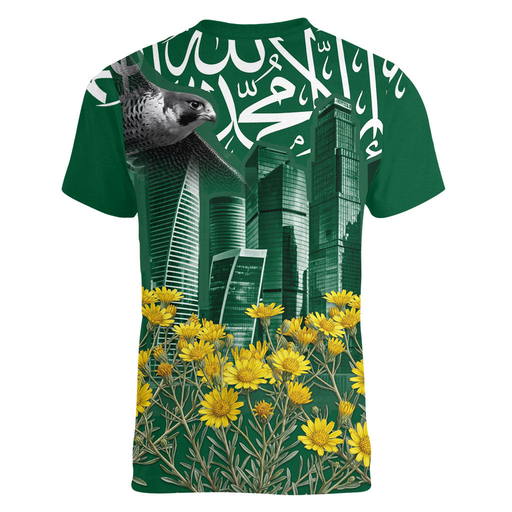 Saudi Arabia National Day Women V-Neck T-Shirt Falcon Skyline Arabic Calligraphy Cultural Pride