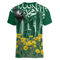 Saudi Arabia National Day Women V-Neck T-Shirt Falcon Skyline Arabic Calligraphy Cultural Pride