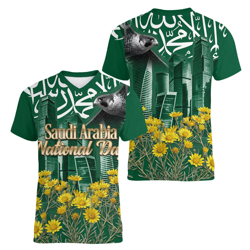 Saudi Arabia National Day Women V-Neck T-Shirt Falcon Skyline Arabic Calligraphy Cultural Pride