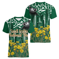 Saudi Arabia National Day Women V-Neck T-Shirt Falcon Skyline Arabic Calligraphy Cultural Pride