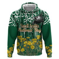 Saudi Arabia National Day Zip Hoodie Falcon Skyline Arabic Calligraphy Cultural Pride