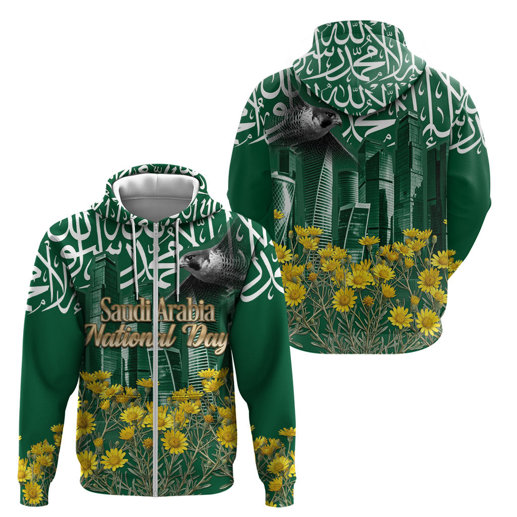 Saudi Arabia National Day Zip Hoodie Falcon Skyline Arabic Calligraphy Cultural Pride
