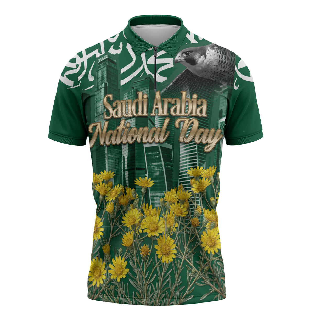 Saudi Arabia National Day Zipper Polo Shirt Falcon Skyline Arabic Calligraphy Cultural Pride