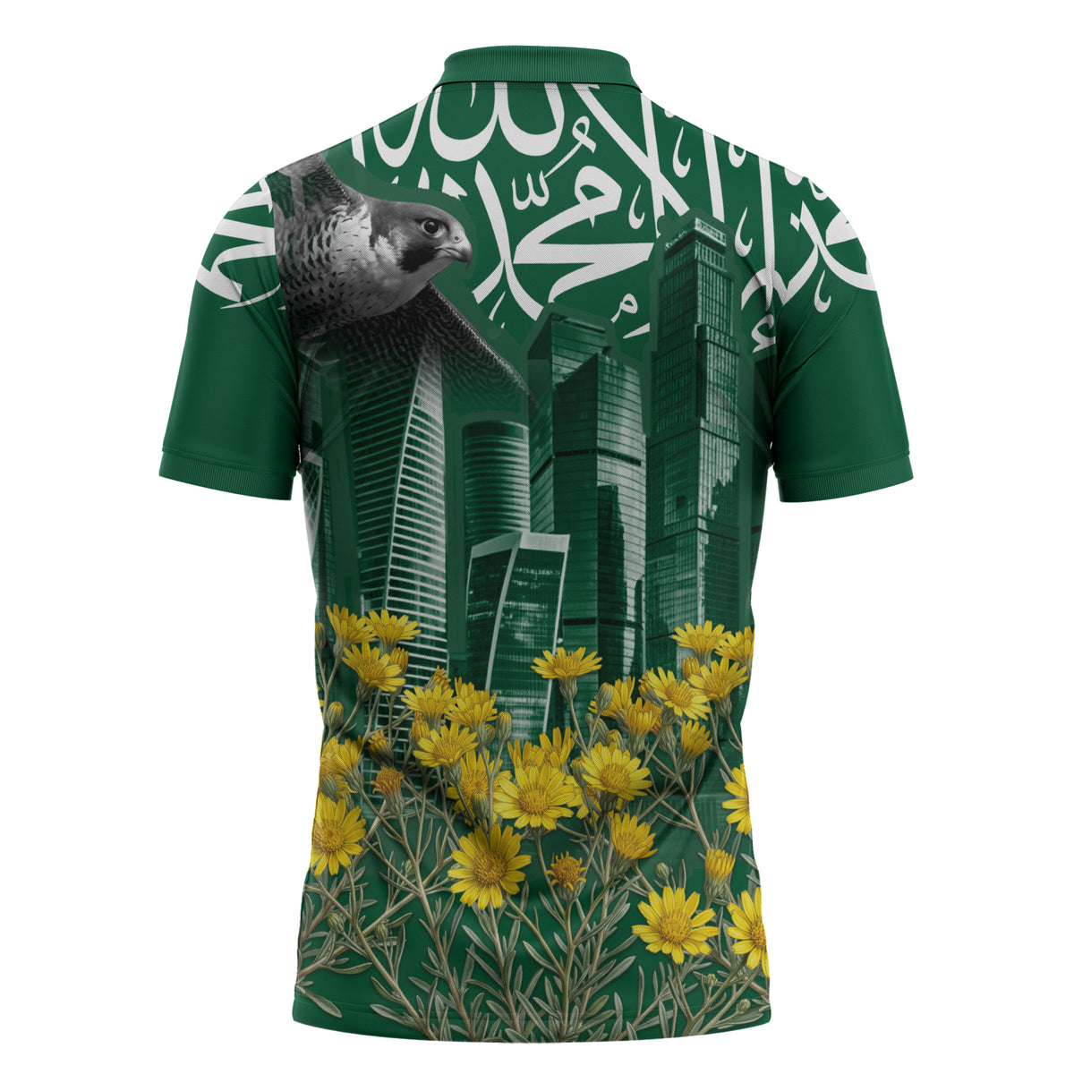 Saudi Arabia National Day Zipper Polo Shirt Falcon Skyline Arabic Calligraphy Cultural Pride
