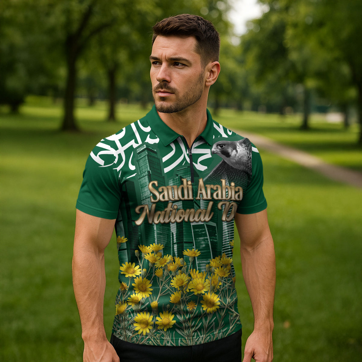 Saudi Arabia National Day Zipper Polo Shirt Falcon Skyline Arabic Calligraphy Cultural Pride