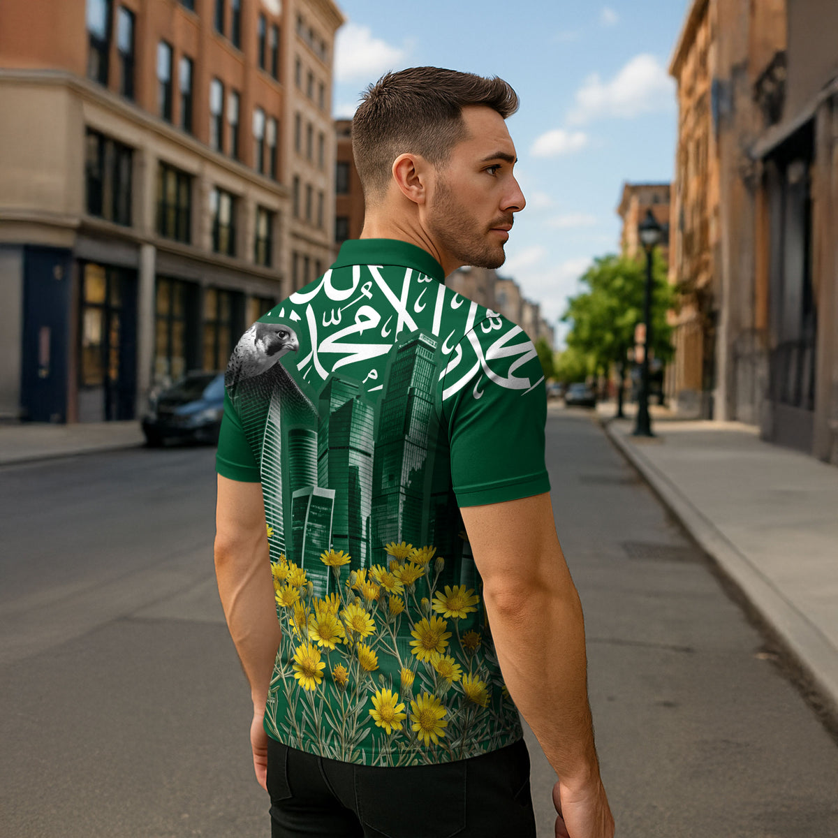 Saudi Arabia National Day Zipper Polo Shirt Falcon Skyline Arabic Calligraphy Cultural Pride