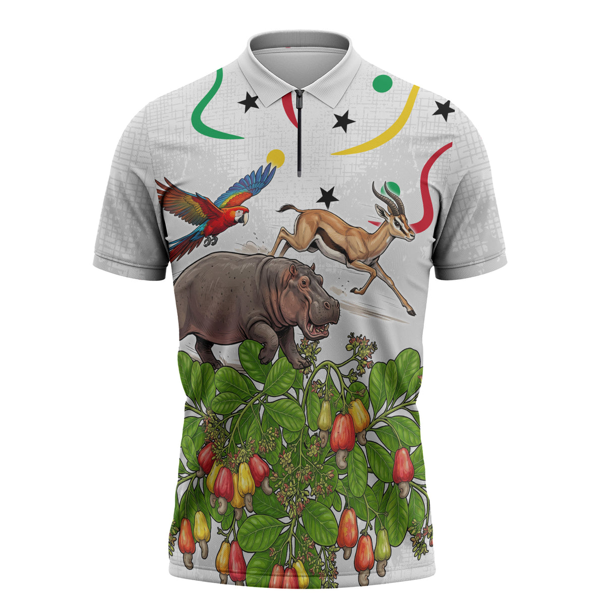 Guinea-Bissau Independence Day Zipper Polo Shirt African Wildlife Cashew Harvest Cultural Pride