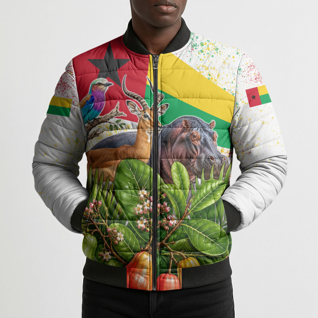 Guinea-Bissau Independence Day Bomber Puffer Jacket African Wildlife Cashew Harvest National Flag