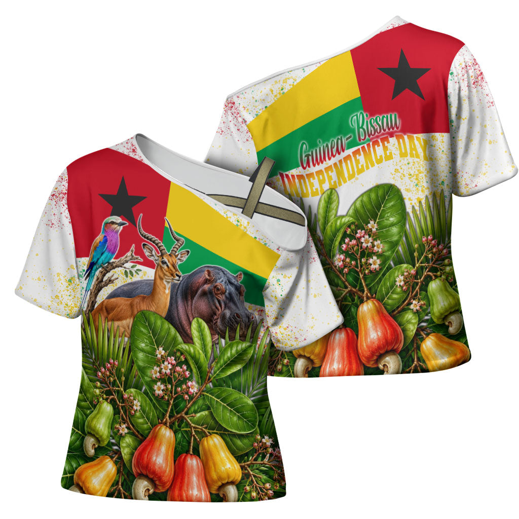 Guinea-Bissau Independence Day Cross Shoulder Shirt African Wildlife Cashew Harvest National Flag