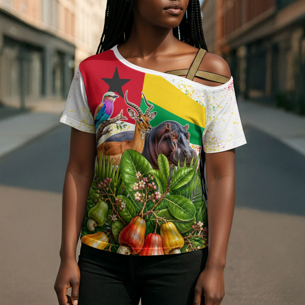 Guinea-Bissau Independence Day Cross Shoulder Shirt African Wildlife Cashew Harvest National Flag