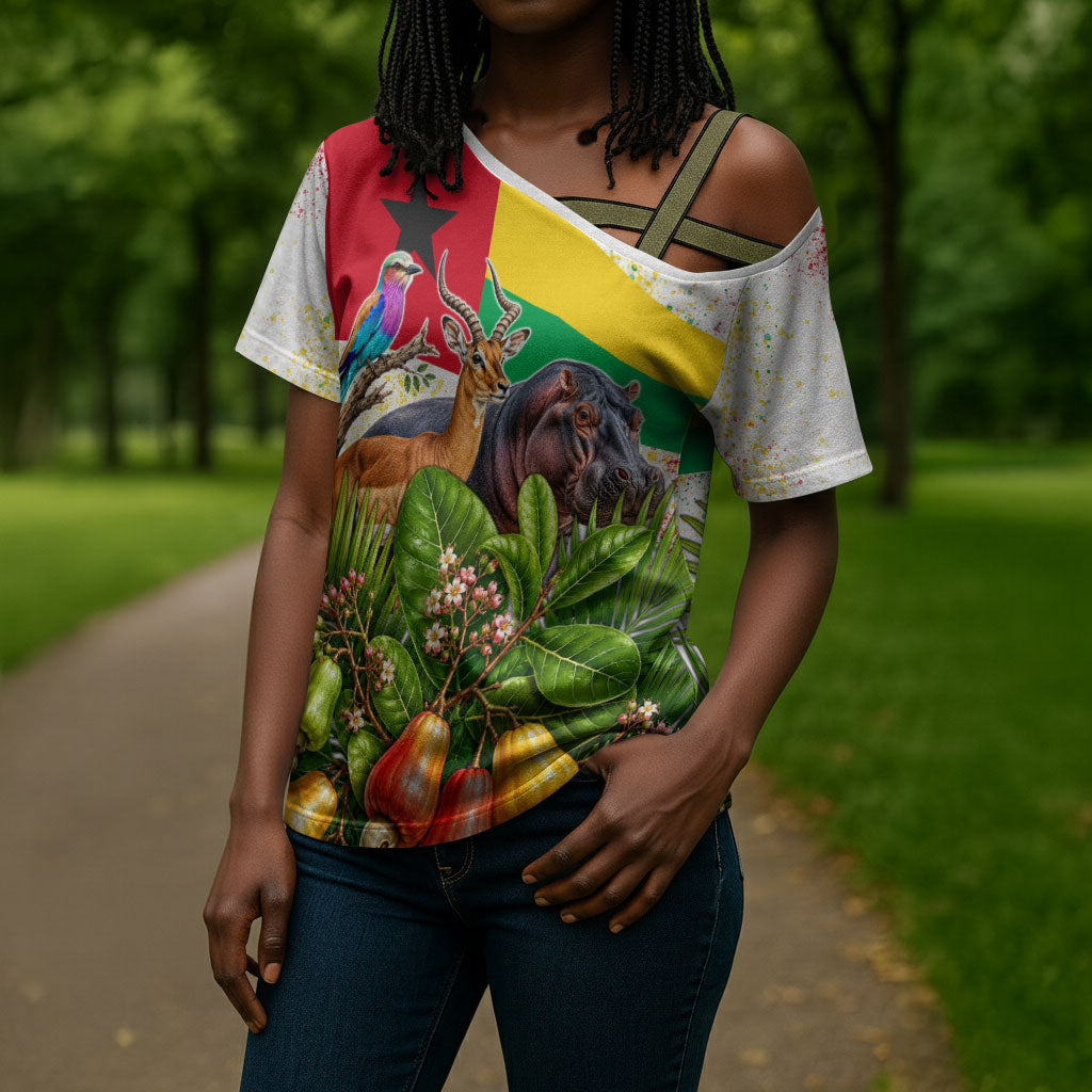 Guinea-Bissau Independence Day Cross Shoulder Shirt African Wildlife Cashew Harvest National Flag