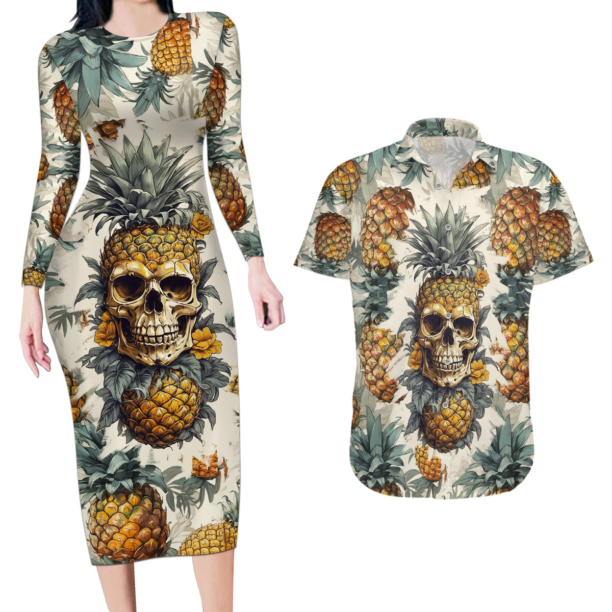 Pineapple Skull Couples Matching Long Sleeve Bodycon Dress and Hawaiian Shirt Summer Paradise - Wonder Print Shop