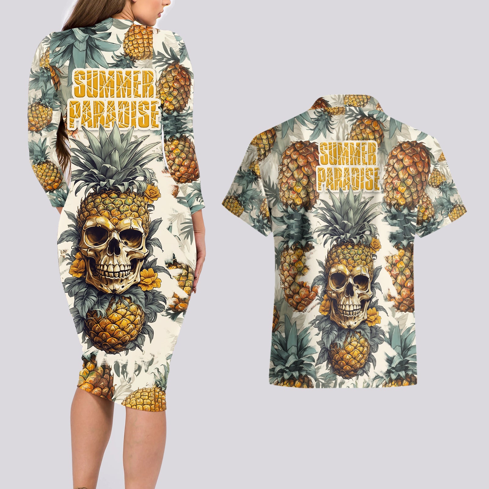 Pineapple Skull Couples Matching Long Sleeve Bodycon Dress and Hawaiian Shirt Summer Paradise - Wonder Print Shop
