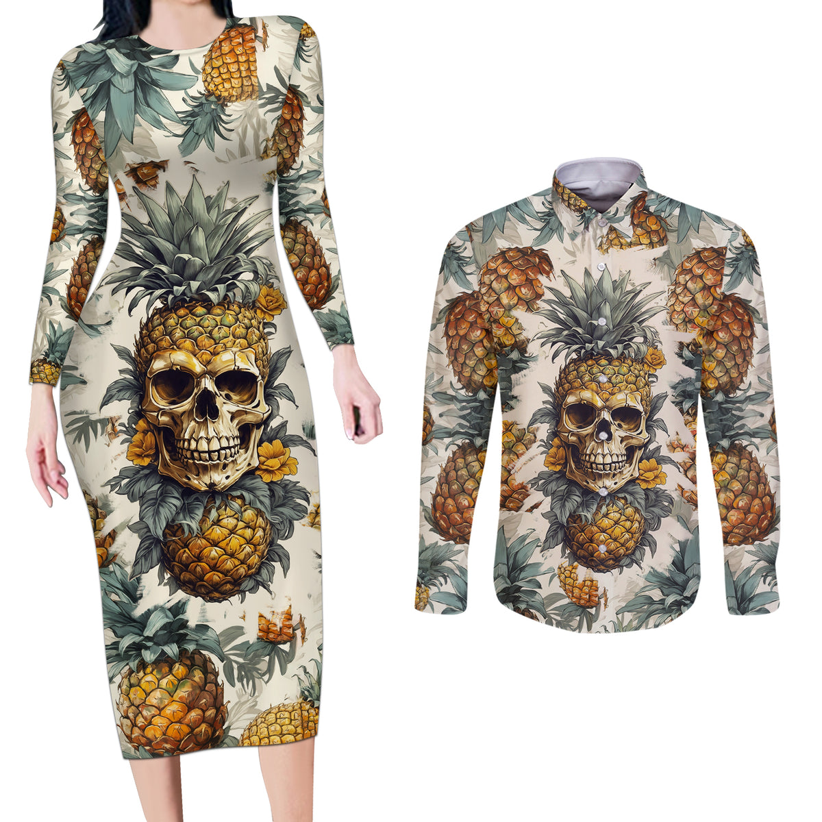 Pineapple Skull Couples Matching Long Sleeve Bodycon Dress and Long Sleeve Button Shirts Summer Paradise - Wonder Print Shop