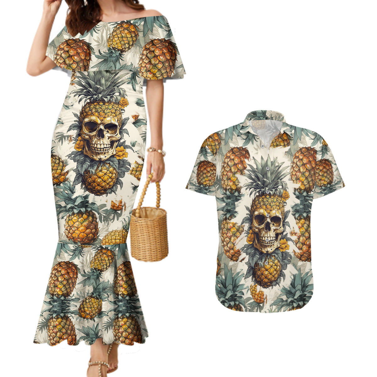 Pineapple Skull Couples Matching Mermaid Dress and Hawaiian Shirt Summer Paradise - Wonder Print Shop