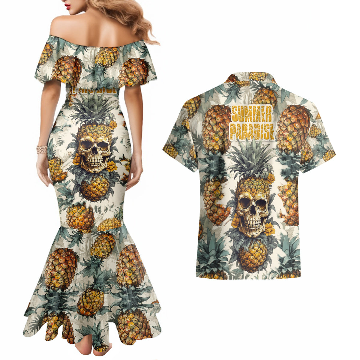 Pineapple Skull Couples Matching Mermaid Dress and Hawaiian Shirt Summer Paradise - Wonder Print Shop