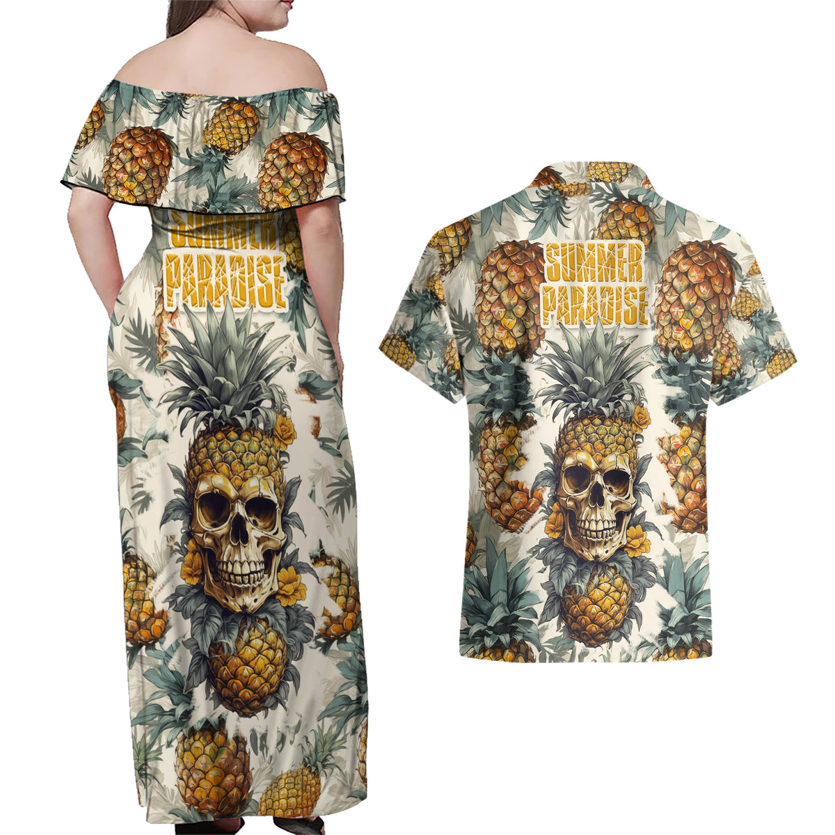 Pineapple Skull Couples Matching Off Shoulder Maxi Dress and Hawaiian Shirt Summer Paradise - Wonder Print Shop