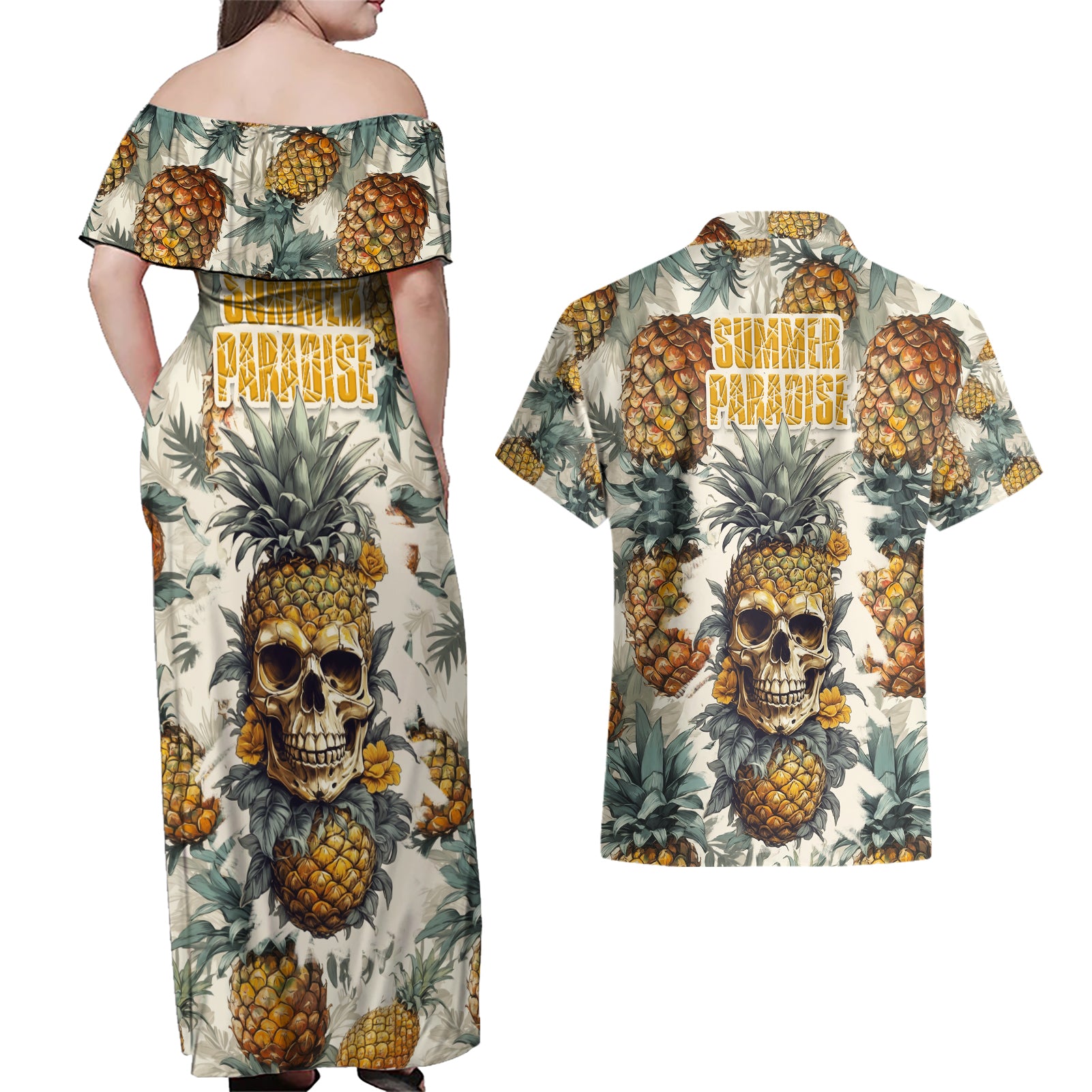 Pineapple Skull Couples Matching Off Shoulder Maxi Dress and Hawaiian Shirt Summer Paradise - Wonder Print Shop