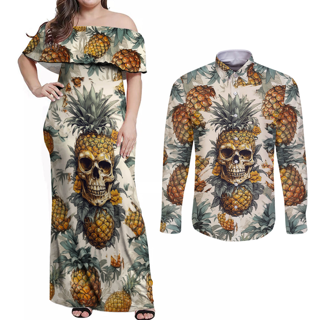 Pineapple Skull Couples Matching Off Shoulder Maxi Dress and Long Sleeve Button Shirts Summer Paradise - Wonder Print Shop