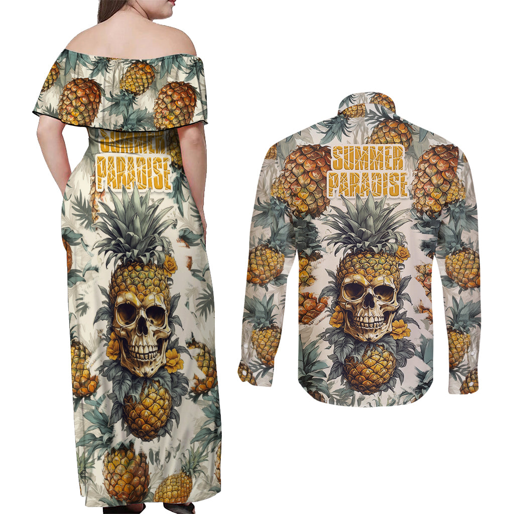 Pineapple Skull Couples Matching Off Shoulder Maxi Dress and Long Sleeve Button Shirts Summer Paradise - Wonder Print Shop