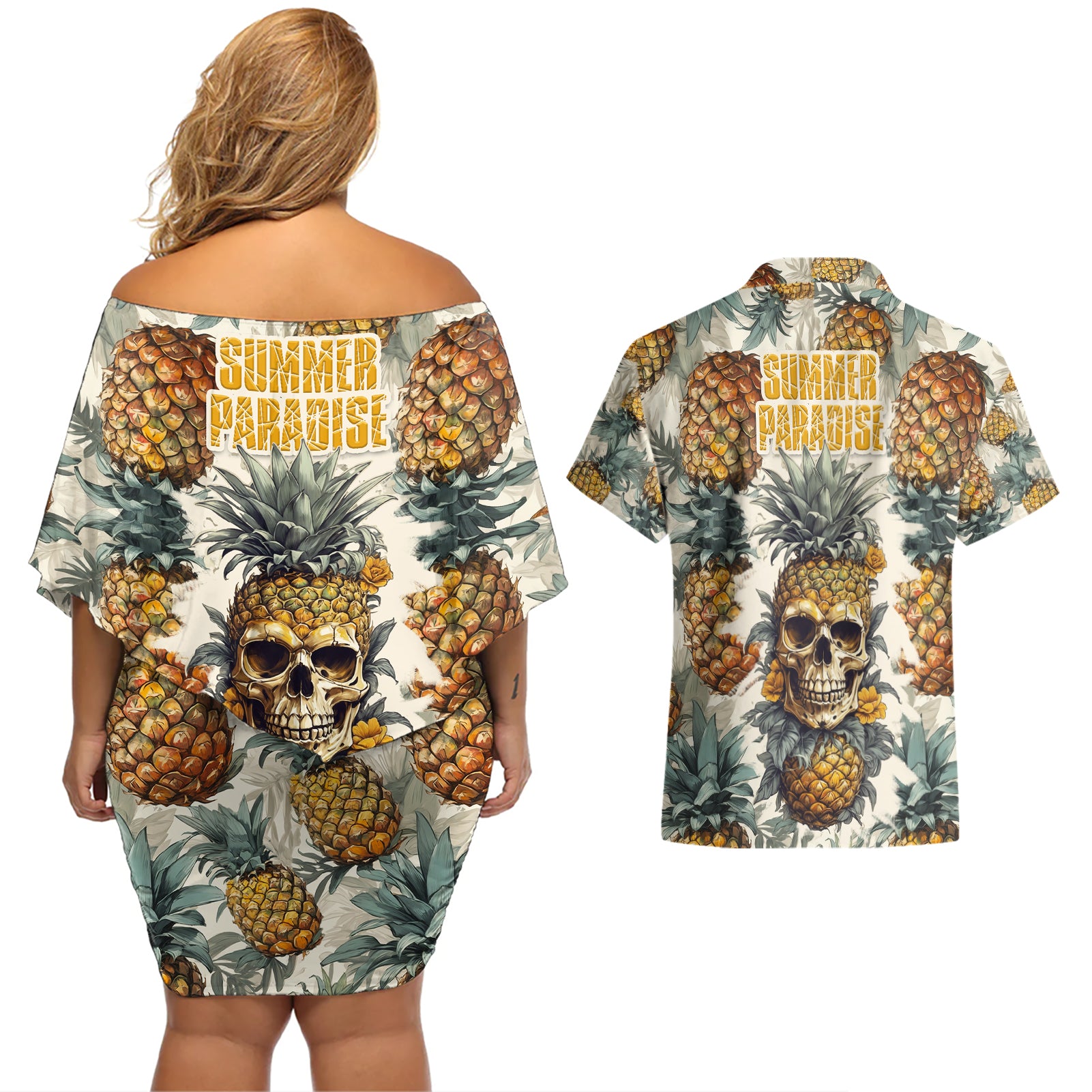 Pineapple Skull Couples Matching Off Shoulder Short Dress and Hawaiian Shirt Summer Paradise - Wonder Print Shop