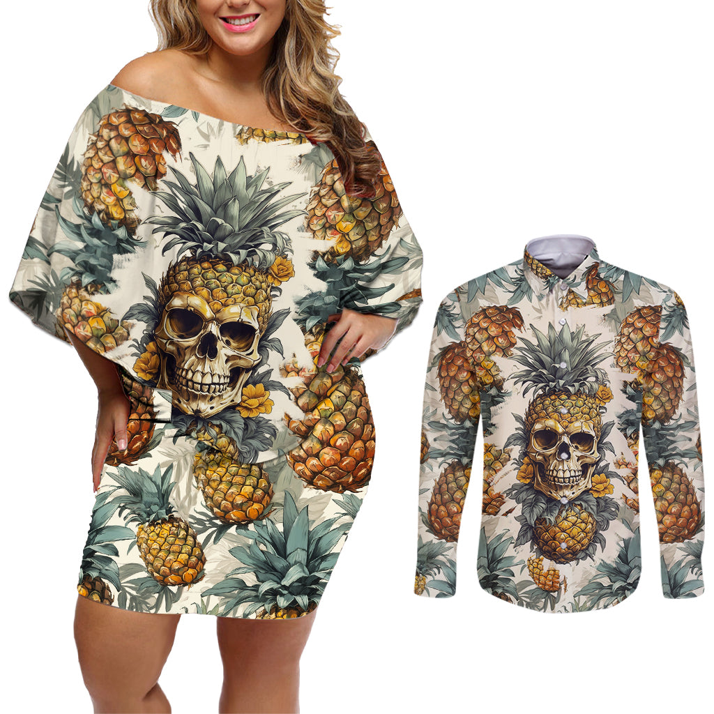 Pineapple Skull Couples Matching Off Shoulder Short Dress and Long Sleeve Button Shirts Summer Paradise - Wonder Print Shop