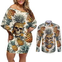 Pineapple Skull Couples Matching Off Shoulder Short Dress and Long Sleeve Button Shirts Summer Paradise - Wonder Print Shop