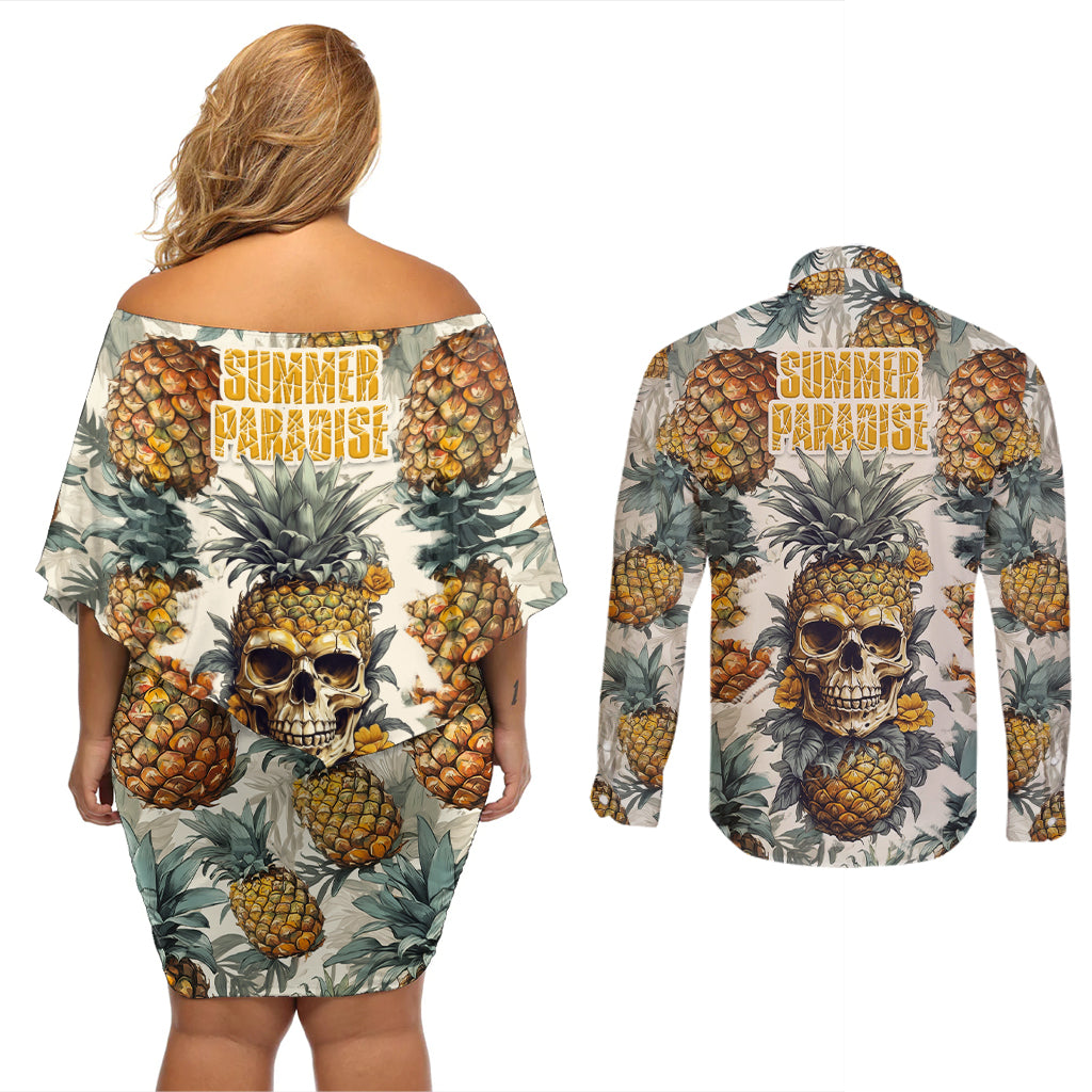Pineapple Skull Couples Matching Off Shoulder Short Dress and Long Sleeve Button Shirts Summer Paradise - Wonder Print Shop