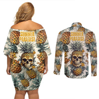 Pineapple Skull Couples Matching Off Shoulder Short Dress and Long Sleeve Button Shirts Summer Paradise - Wonder Print Shop