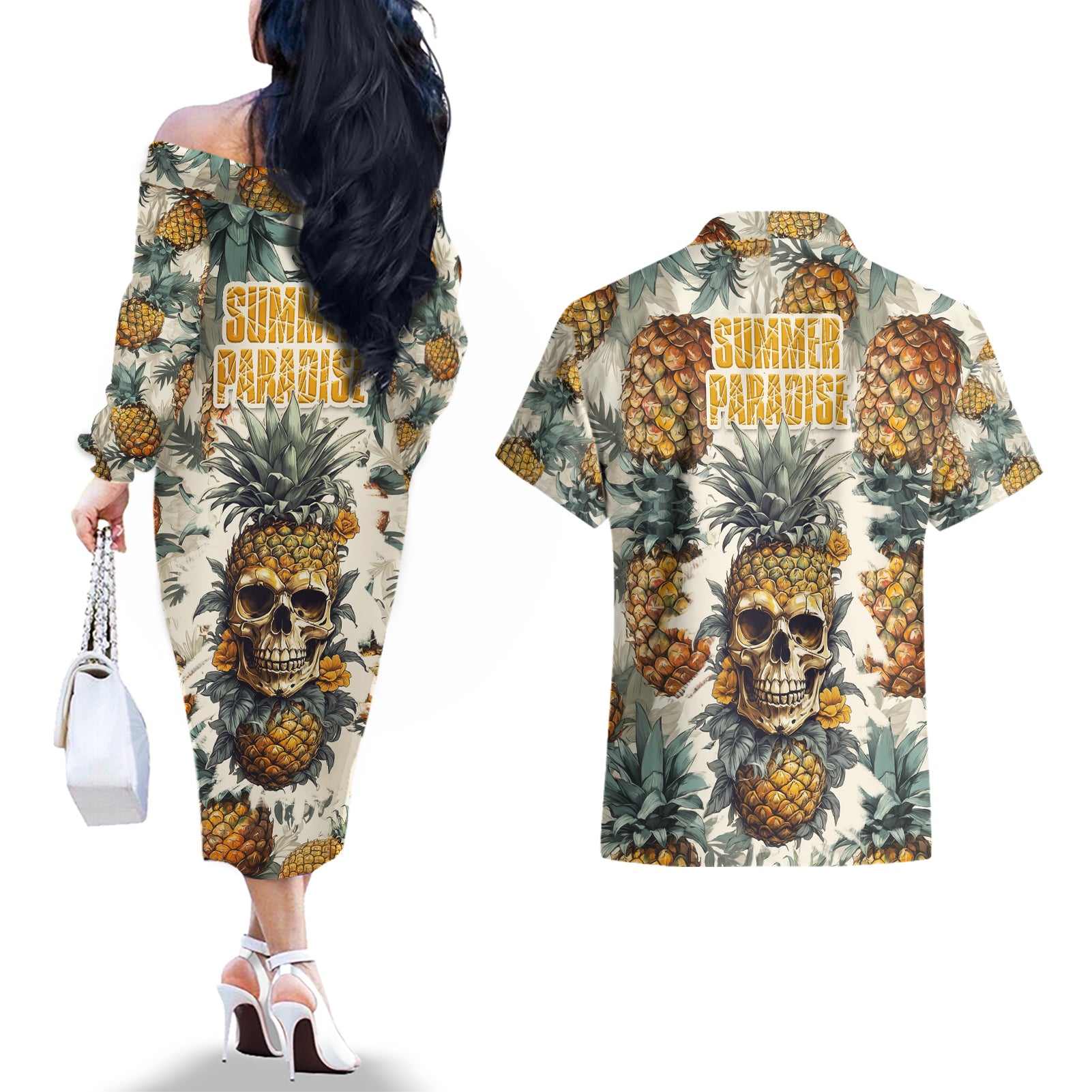 Pineapple Skull Couples Matching Off The Shoulder Long Sleeve Dress and Hawaiian Shirt Summer Paradise - Wonder Print Shop