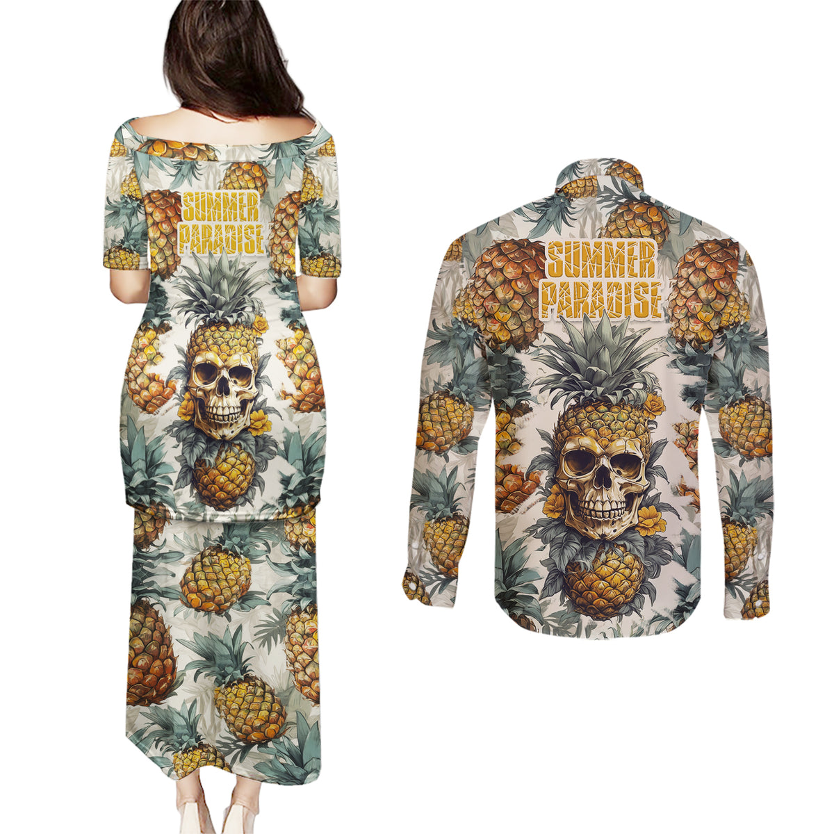 Pineapple Skull Couples Matching Puletasi Dress and Long Sleeve Button Shirts Summer Paradise - Wonder Print Shop