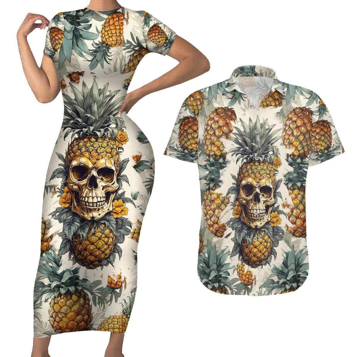 Pineapple Skull Couples Matching Short Sleeve Bodycon Dress and Hawaiian Shirt Summer Paradise - Wonder Print Shop