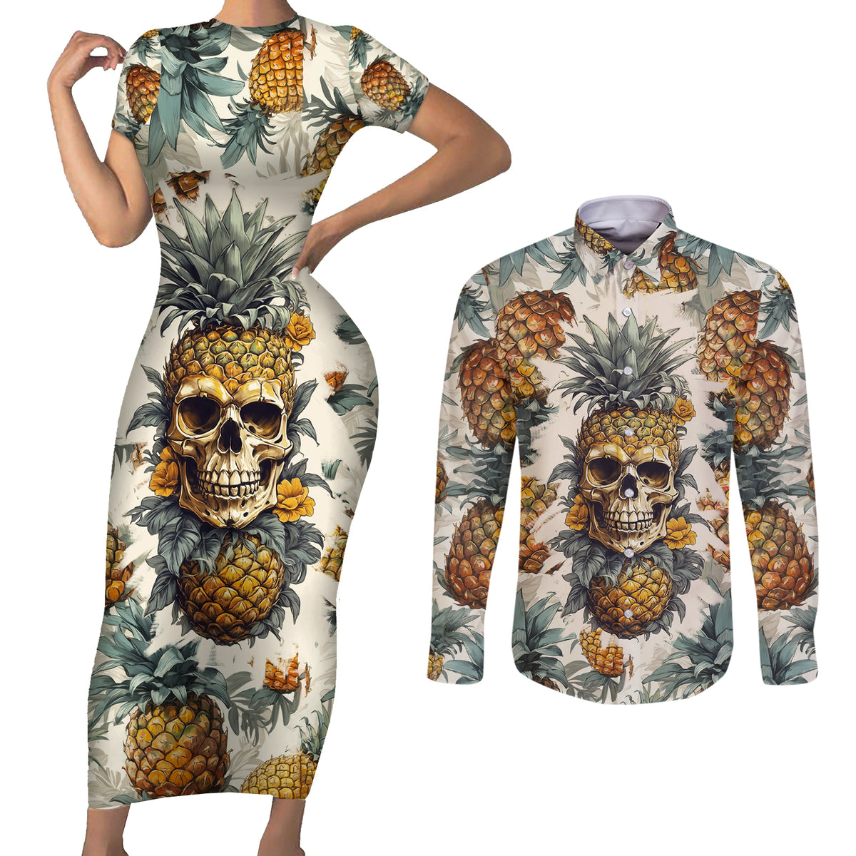 Pineapple Skull Couples Matching Short Sleeve Bodycon Dress and Long Sleeve Button Shirts Summer Paradise - Wonder Print Shop