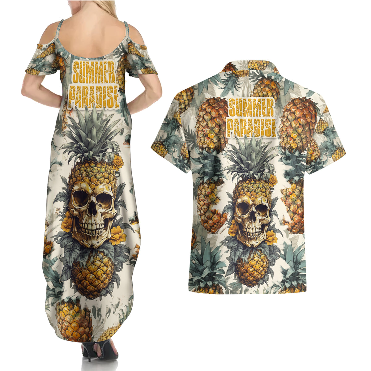 Pineapple Skull Couples Matching Summer Maxi Dress and Hawaiian Shirt Summer Paradise - Wonder Print Shop