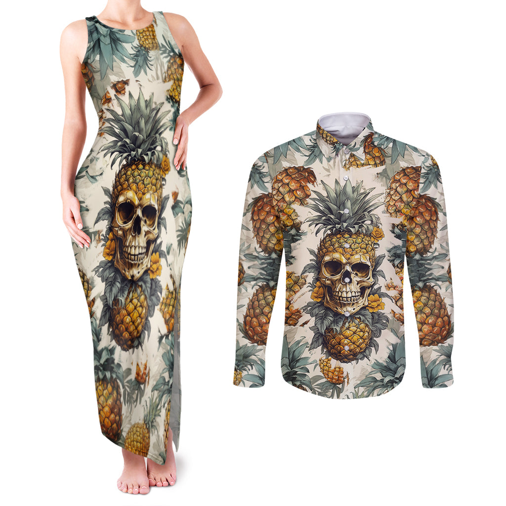 Pineapple Skull Couples Matching Tank Maxi Dress and Long Sleeve Button Shirts Summer Paradise - Wonder Print Shop