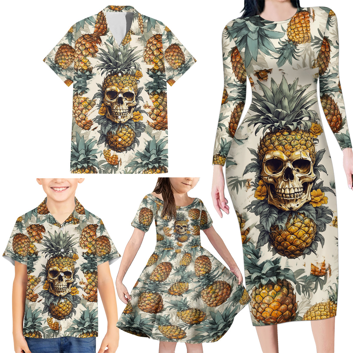 Pineapple Skull Family Matching Long Sleeve Bodycon Dress and Hawaiian Shirt Summer Paradise - Wonder Print Shop