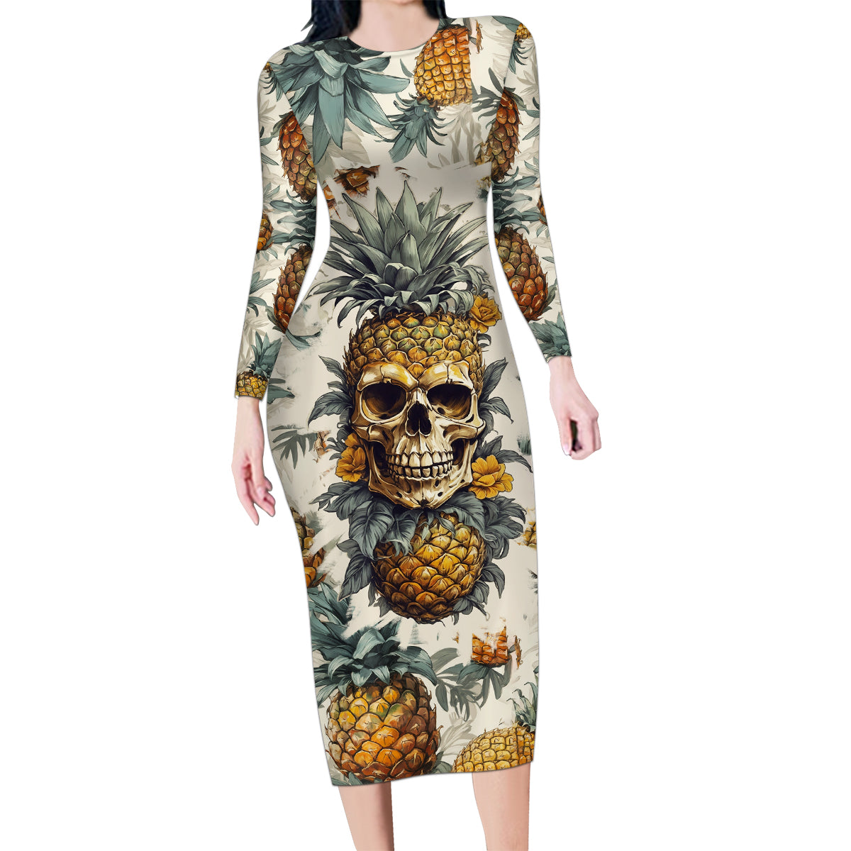 Pineapple Skull Family Matching Long Sleeve Bodycon Dress and Hawaiian Shirt Summer Paradise - Wonder Print Shop